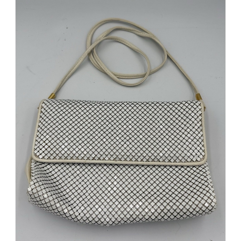 Vintage Whiting & Davis White Metal Mesh Foldover Clutch Evening Shoulder Bag